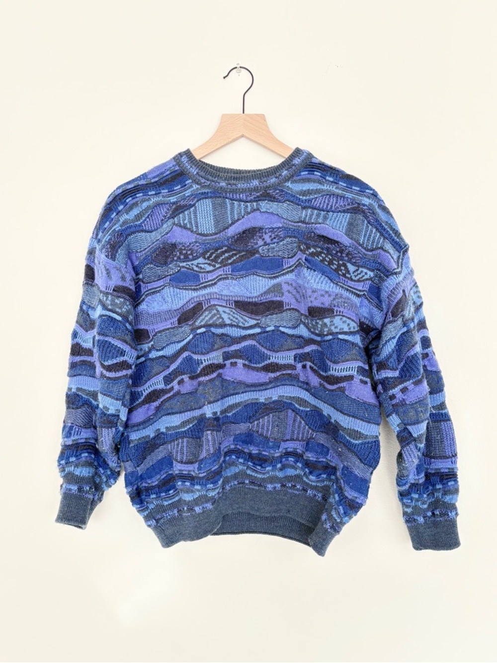vtg coogi style sweater - 100% wool - blue patchwork knit texture - S EUC
